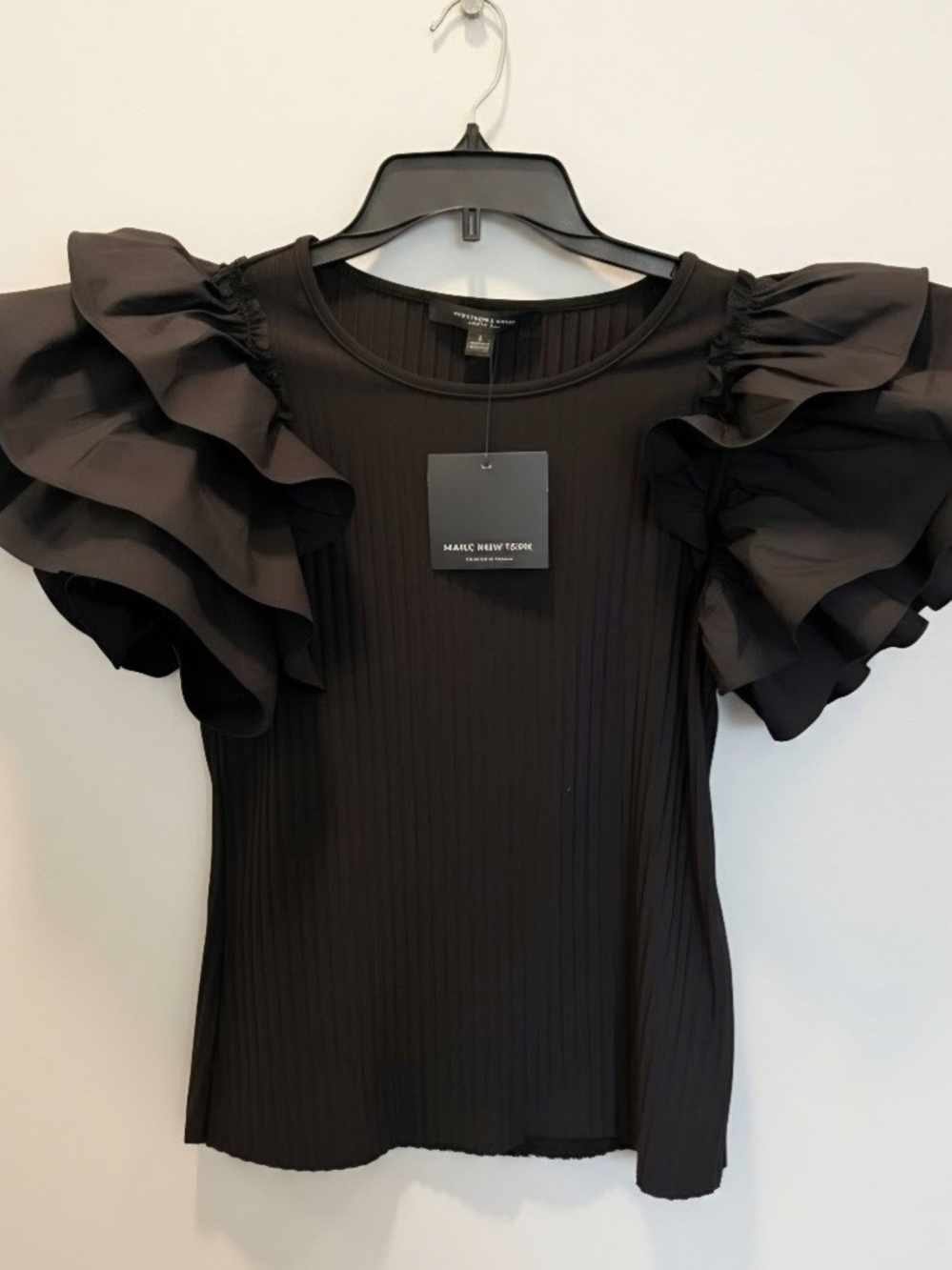 Marc New York Black Ribbed Top with Layered Ruffle Sleeves